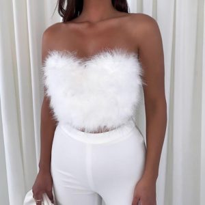 top bustier à plumes blanches
