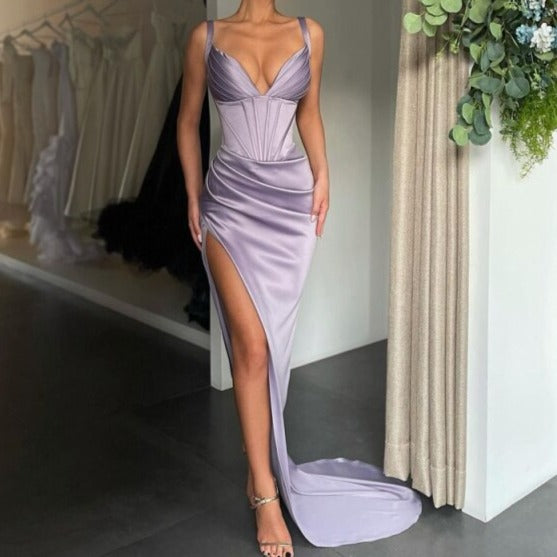 robe corset longue en satin violet