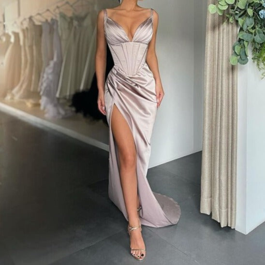 robe corset longue satin gris