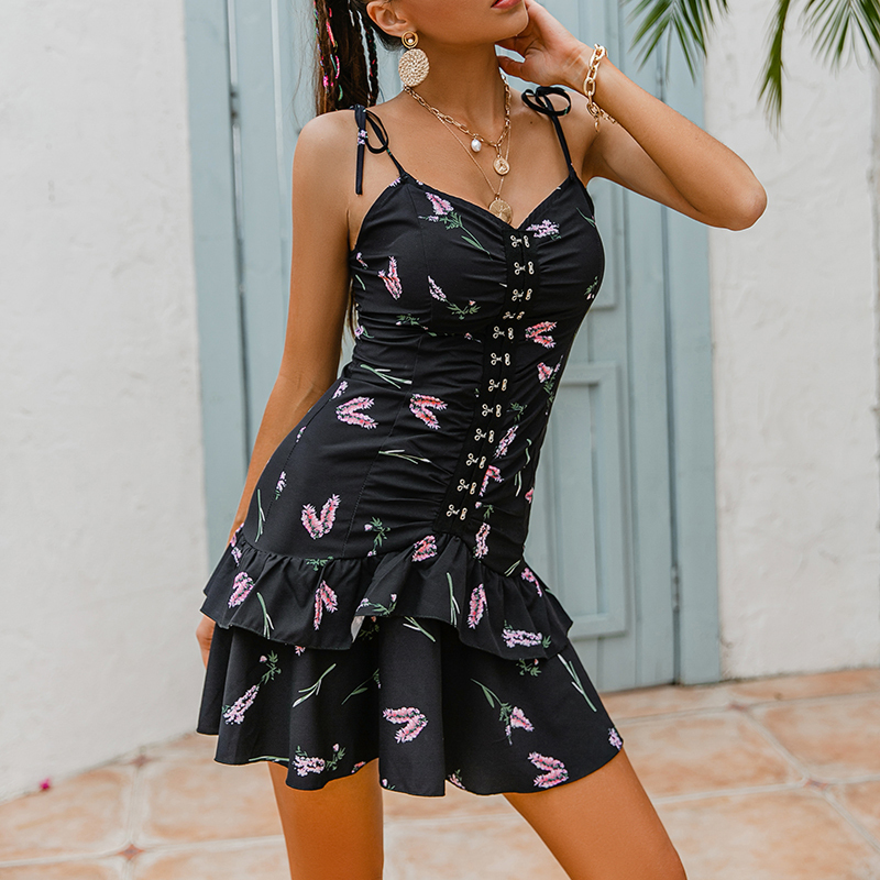 robe trapèze corset à fleurs noire